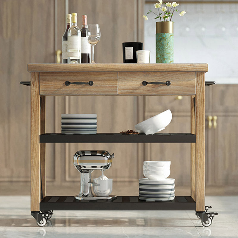 Modern Open Storage Kitchen Trolley Rolling Pine Wood Prep Table