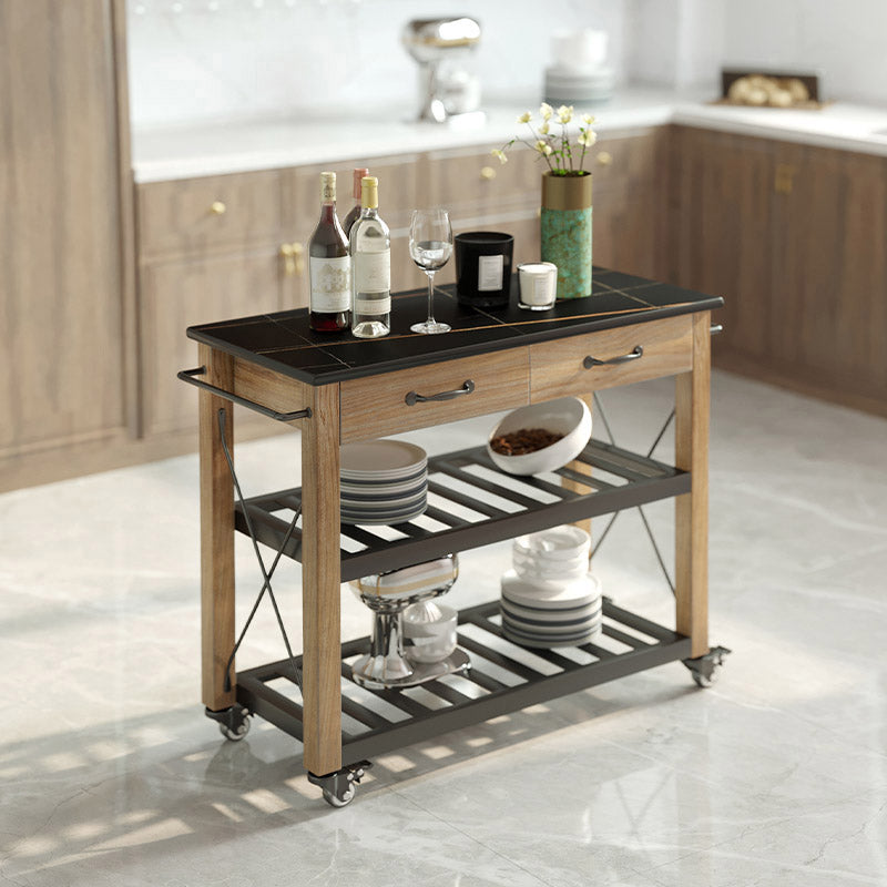 Modern Open Storage Kitchen Trolley Rolling Pine Wood Prep Table