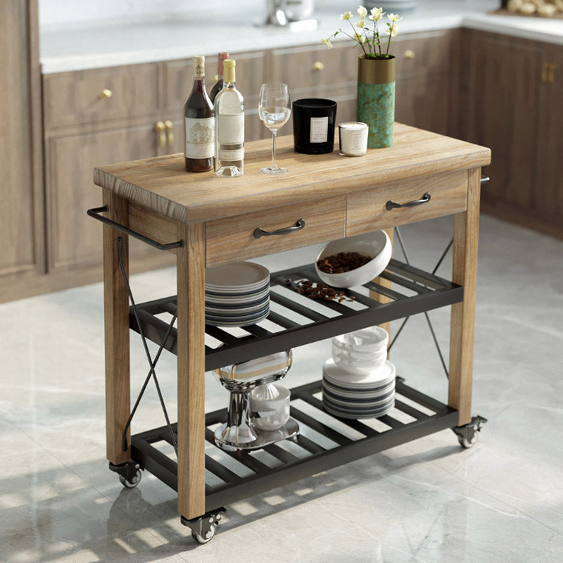 Modern Open Storage Kitchen Trolley Rolling Pine Wood Prep Table