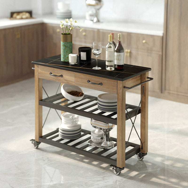 Modern Open Storage Kitchen Trolley Rolling Pine Wood Prep Table