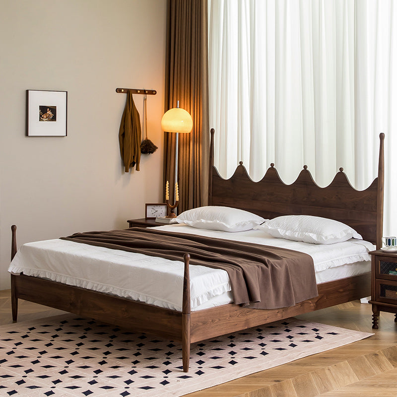 Mid-Century Modern Four Poster Bed Walnut Bed Frame with Headboard