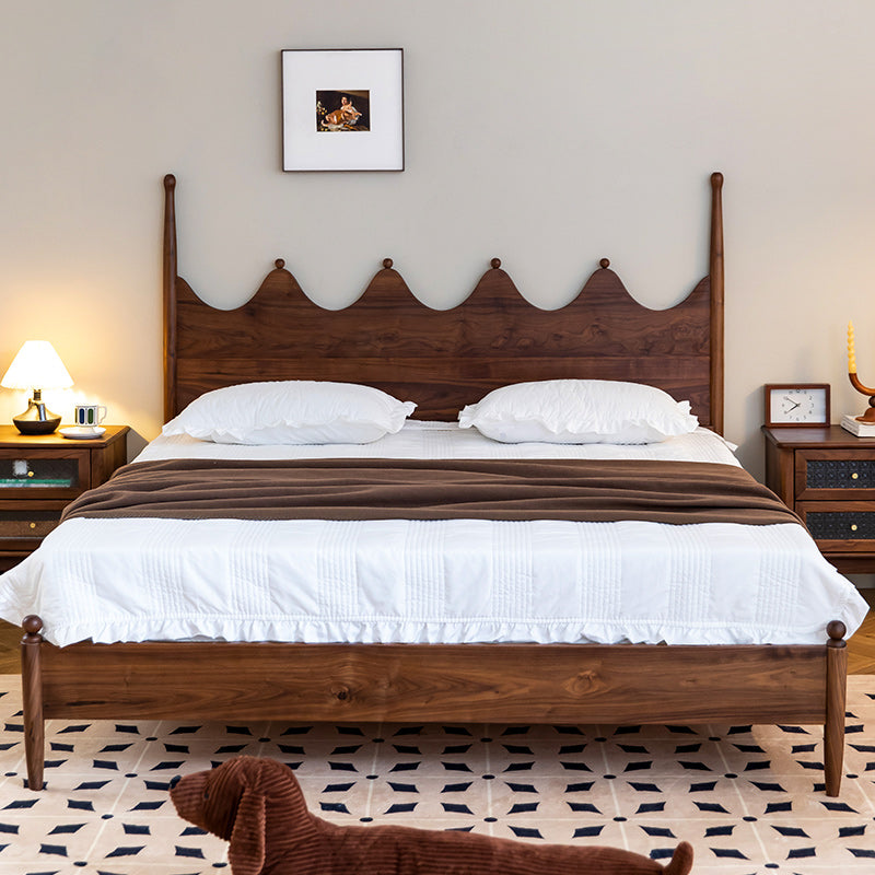 Mid-Century Modern Four Poster Bed Walnut Bed Frame with Headboard