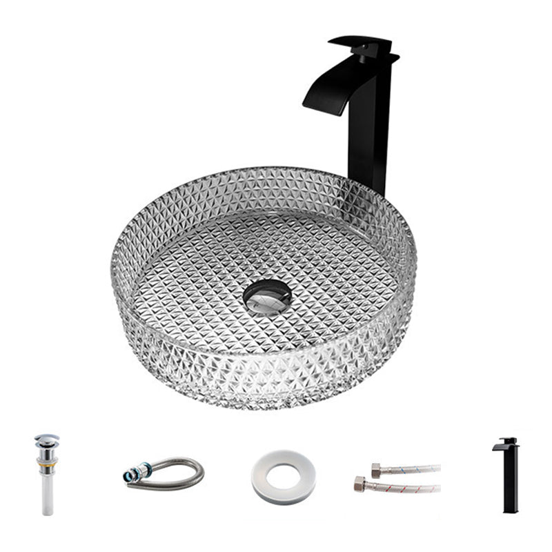 Modern Vessel Bathroom Sink Round Glass with Faucet and with Pop-Up Drain Vessel
