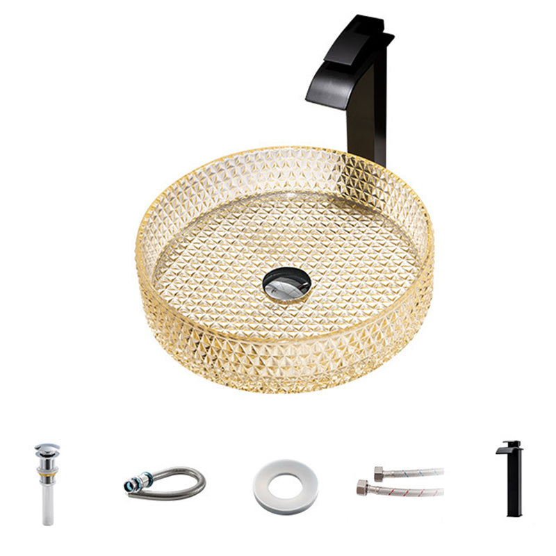 Modern Vessel Bathroom Sink Round Glass with Faucet and with Pop-Up Drain Vessel
