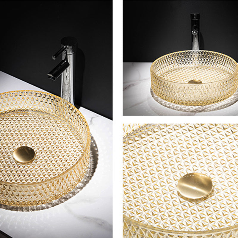 Modern Vessel Bathroom Sink Round Glass with Faucet and with Pop-Up Drain Vessel