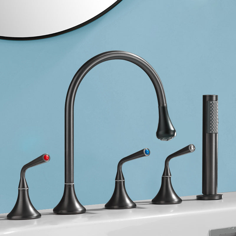 Modern Deck Mounted Metal Tub Filler Three Handles High Arch Faucet