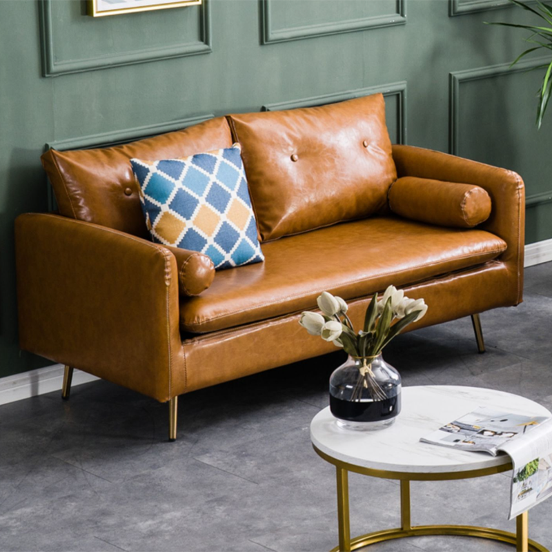 Glam Sofa with 2 Pillows Square Arm Faux Leather Living Room Seating
