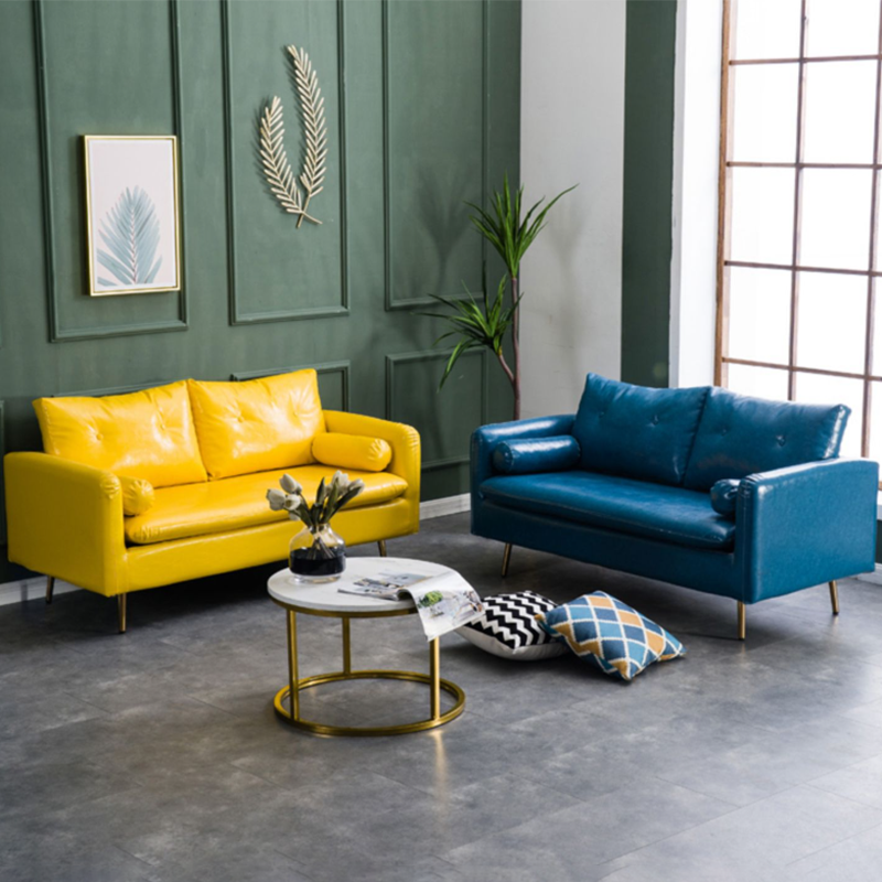 Glam Sofa with 2 Pillows Square Arm Faux Leather Living Room Seating