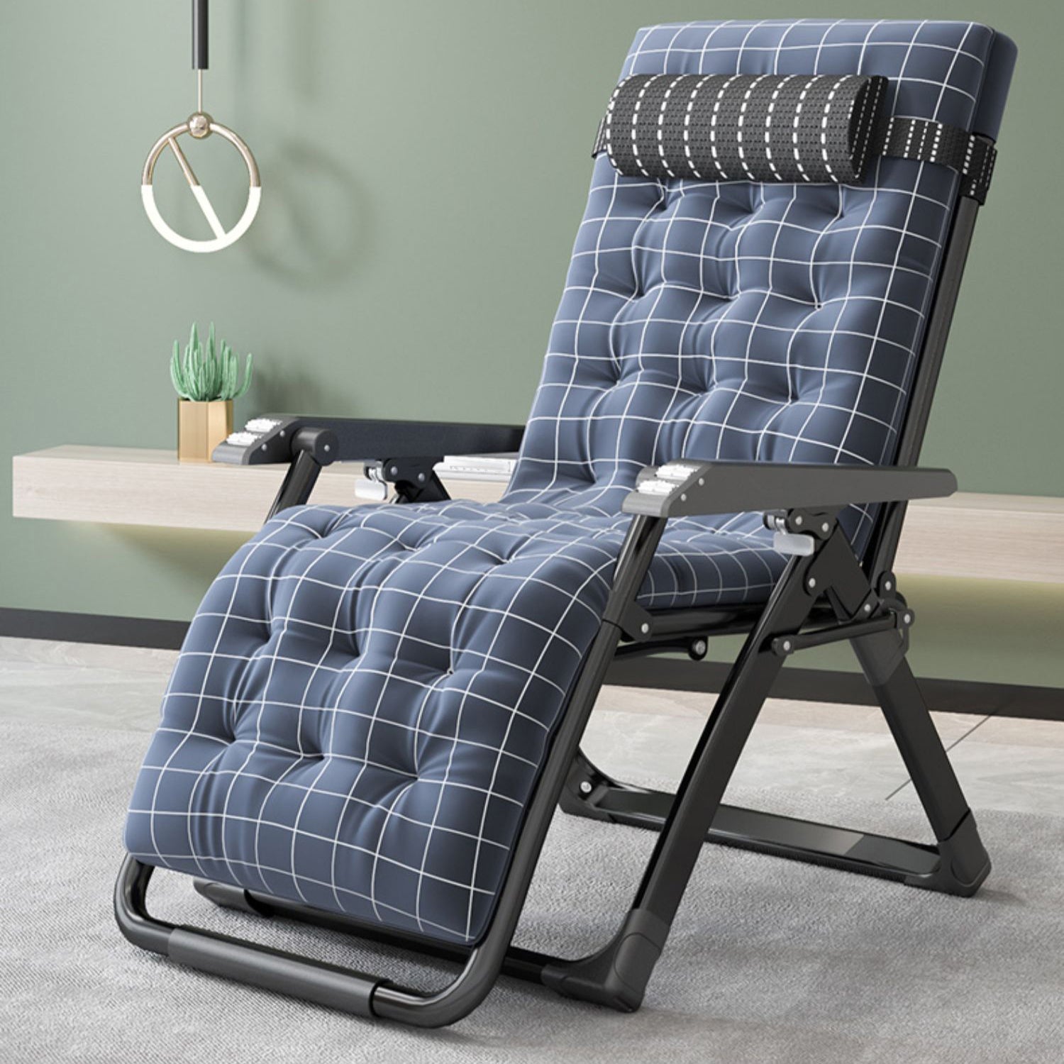 Living Room Recliner Chair Metal Plaid Contemporary Foldable Chair