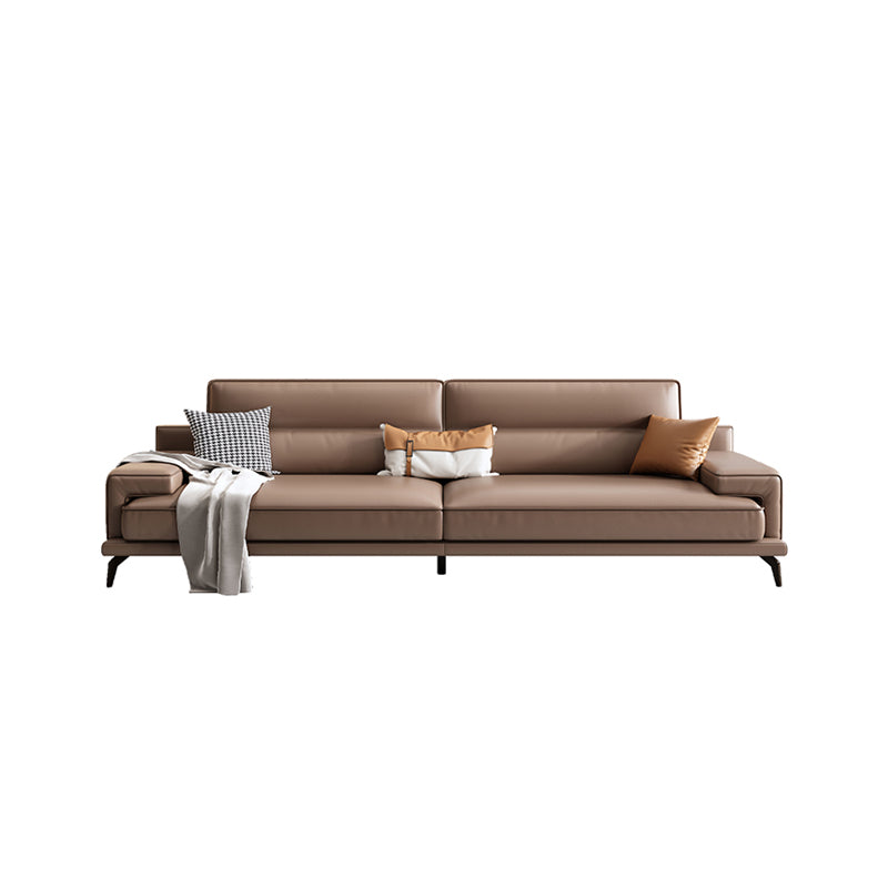 Modern Sewn Pillow Back Cushions Sofa Genuine Leather Square Arm Sofa in Brown