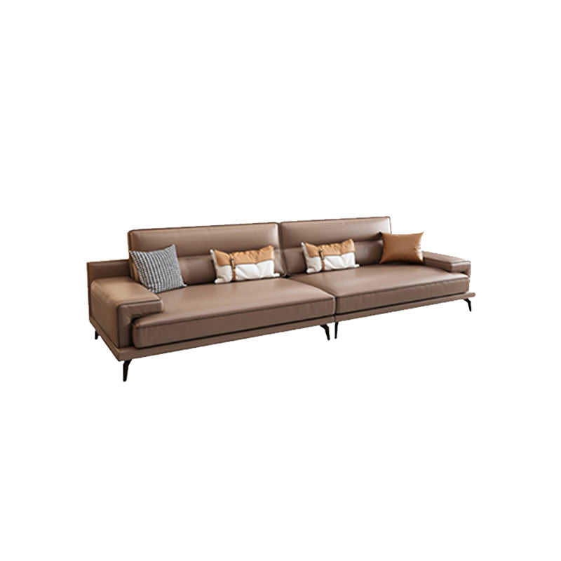 Modern Sewn Pillow Back Cushions Sofa Genuine Leather Square Arm Sofa in Brown