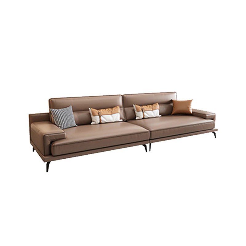 Modern Sewn Pillow Back Cushions Sofa Genuine Leather Square Arm Sofa in Brown