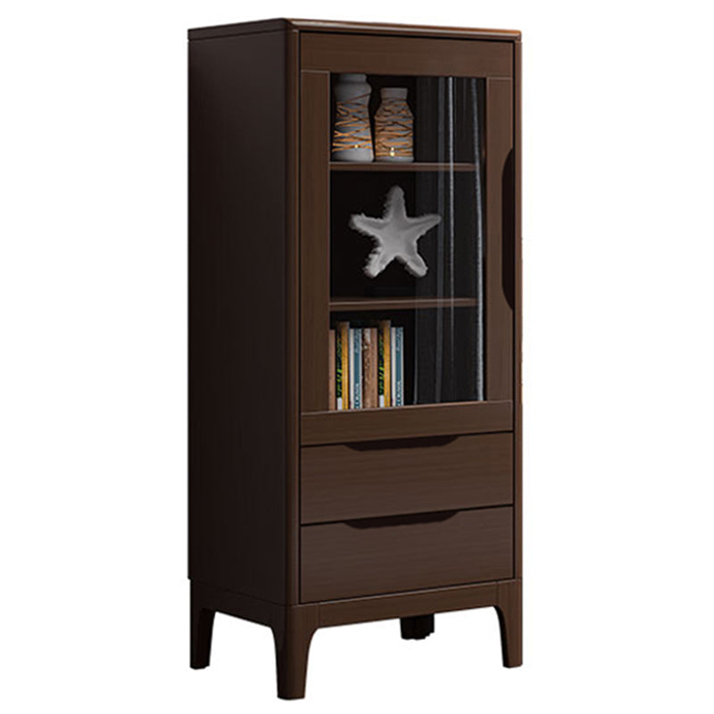 Mid Century Solid Wood 1-Door Cabinet Glass Paned Side Cabinet with 2-Drawer