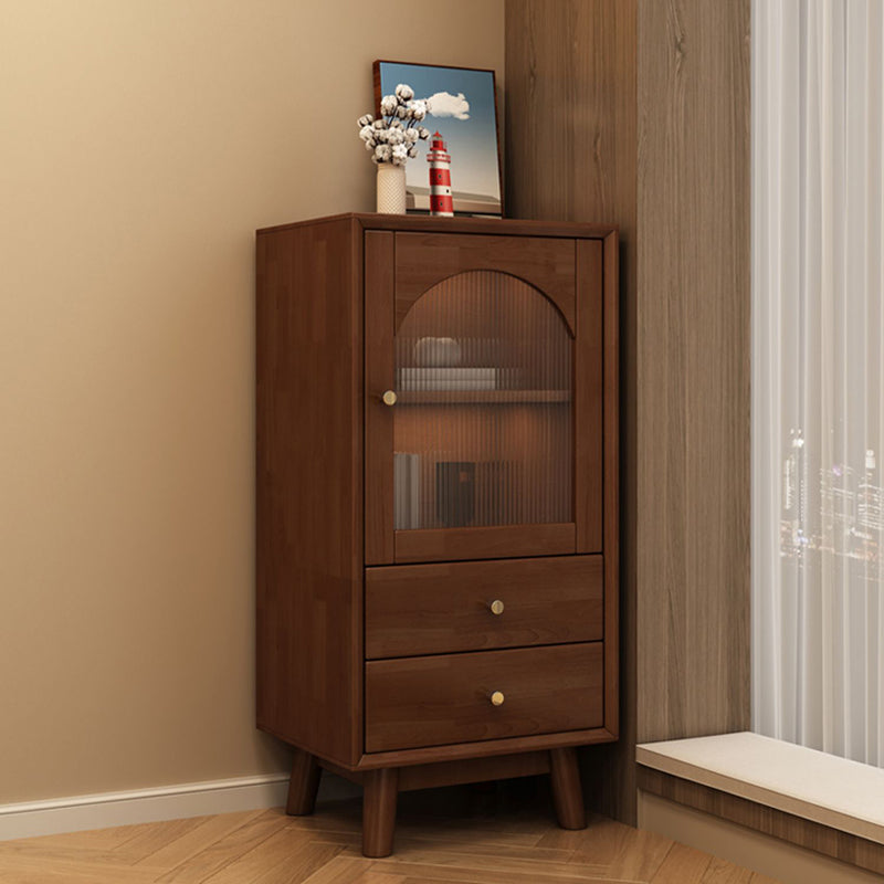 Mid Century Solid Wood 1-Door Cabinet Glass Paned Side Cabinet with 2-Drawer