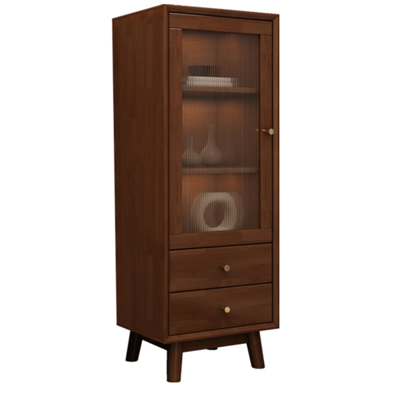 Mid Century Solid Wood 1-Door Cabinet Glass Paned Side Cabinet with 2-Drawer