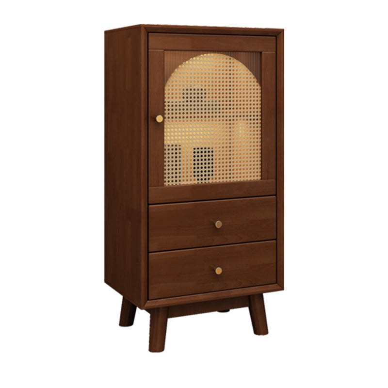 Mid Century Solid Wood 1-Door Cabinet Glass Paned Side Cabinet with 2-Drawer
