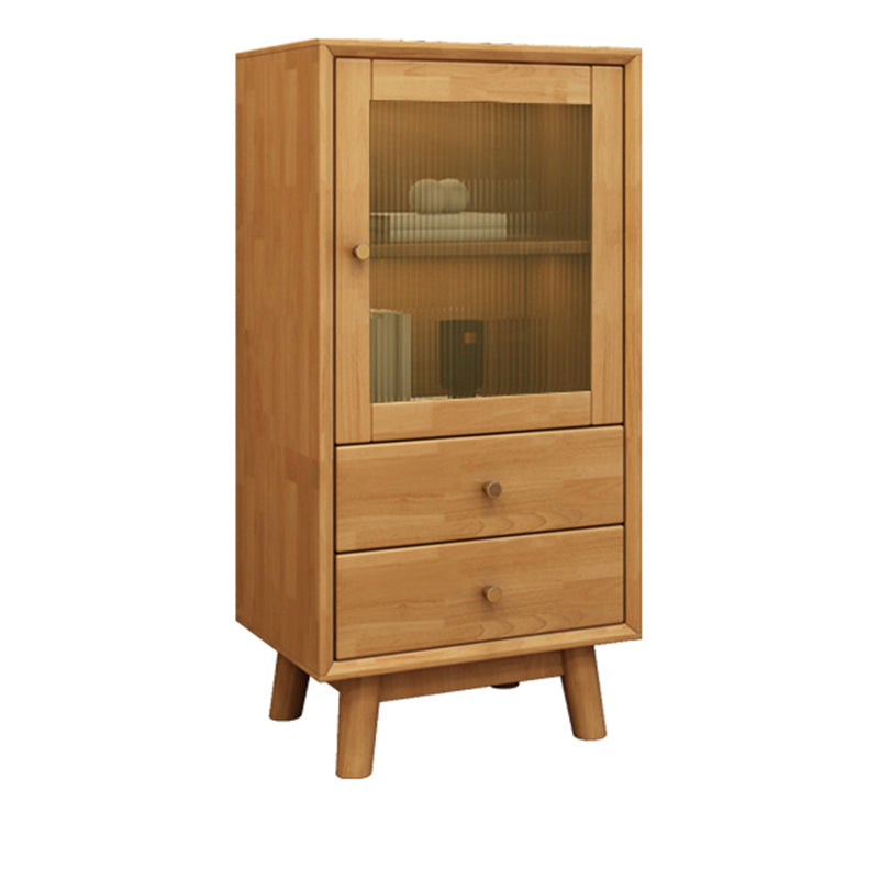 Mid Century Solid Wood 1-Door Cabinet Glass Paned Side Cabinet with 2-Drawer