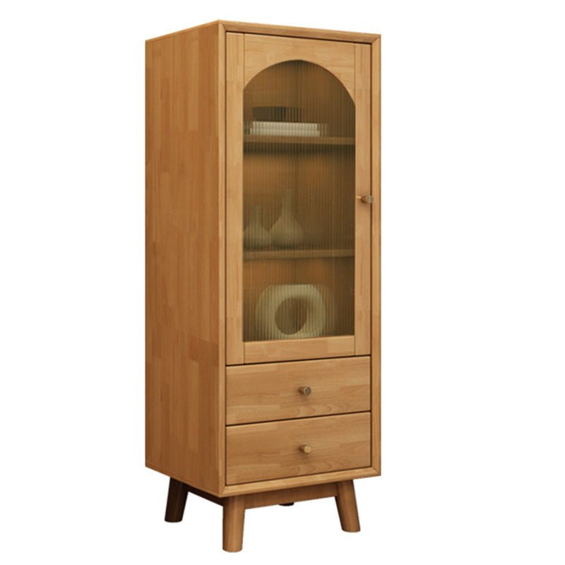 Mid Century Solid Wood 1-Door Cabinet Glass Paned Side Cabinet with 2-Drawer