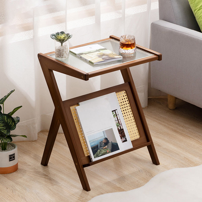 Asian Style Accent Side Table Wood and Glass with Storage and Shelf Corner Table