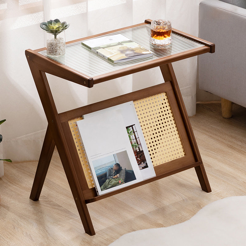Asian Style Accent Side Table Wood and Glass with Storage and Shelf Corner Table