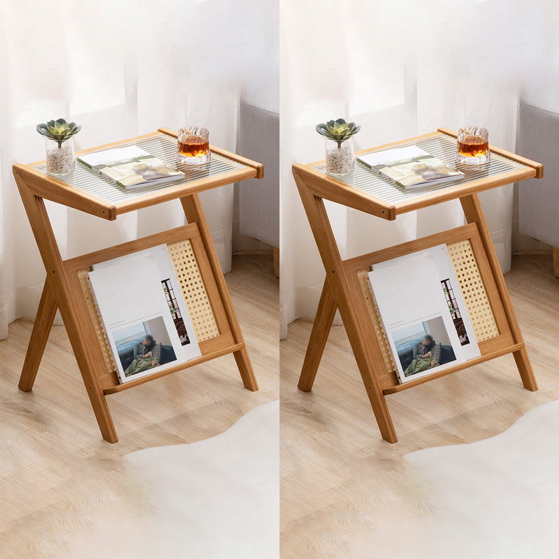 Asian Style Accent Side Table Wood and Glass with Storage and Shelf Corner Table