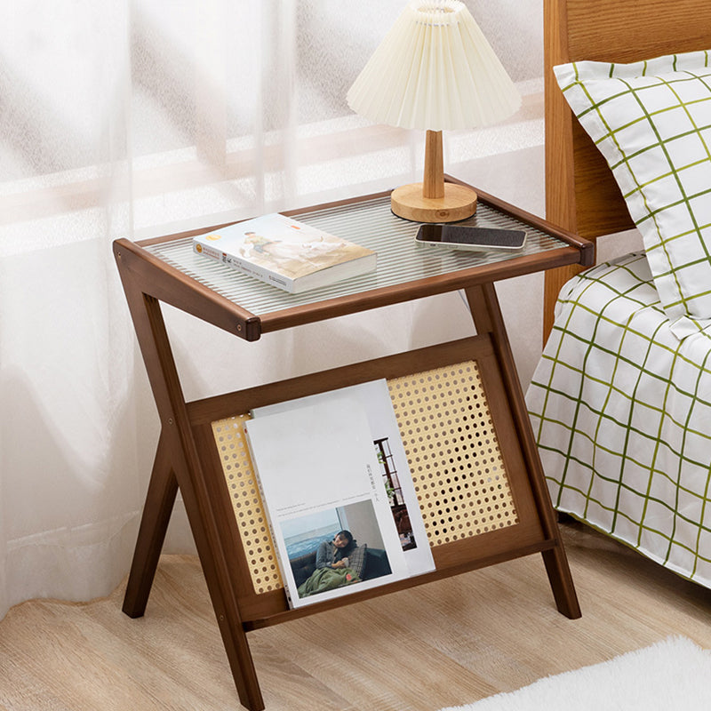 Asian Style Accent Side Table Wood and Glass with Storage and Shelf Corner Table