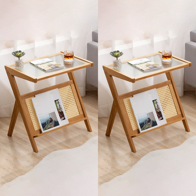 Asian Style Accent Side Table Wood and Glass with Storage and Shelf Corner Table