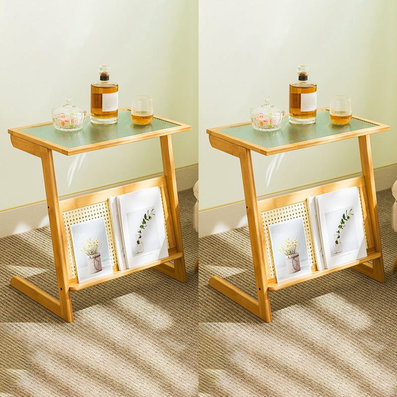 Asian Style Accent Side Table Wood and Glass with Storage and Shelf Corner Table