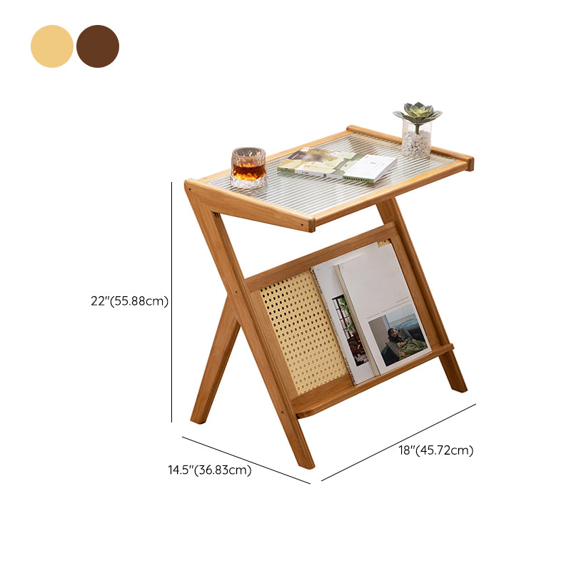Asian Style Accent Side Table Wood and Glass with Storage and Shelf Corner Table