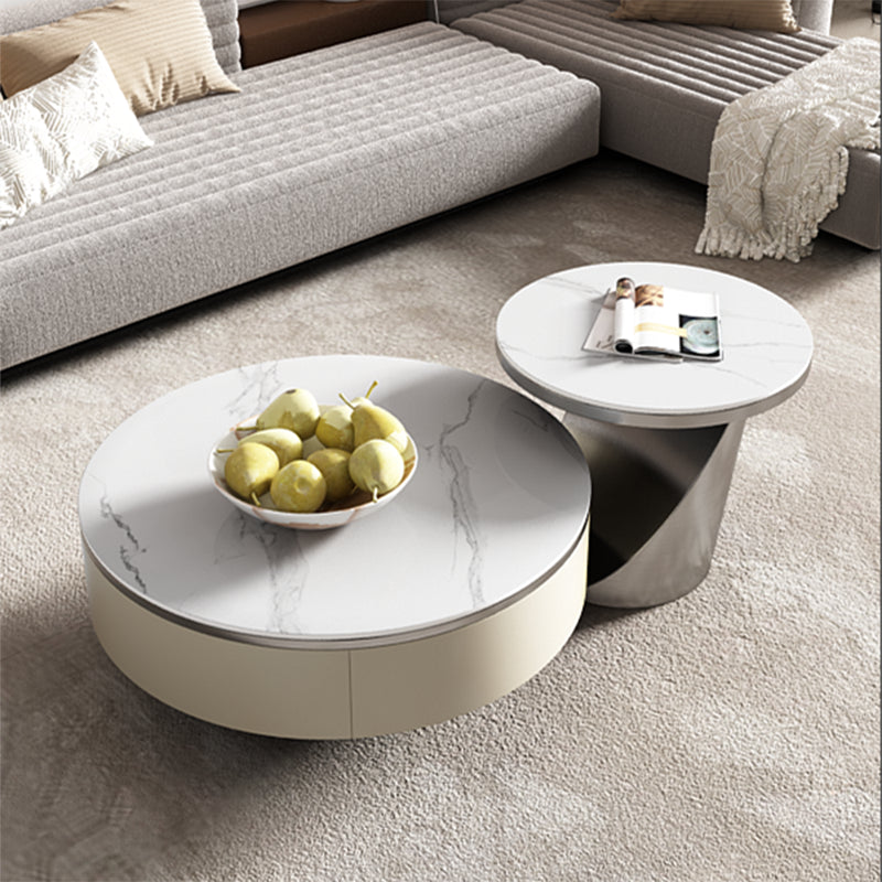 Slate Glam Coffee Table Round Nesting Coffee Table Set with Drawer