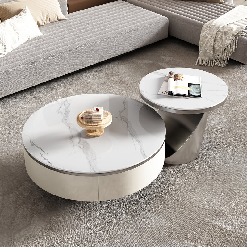 Slate Glam Coffee Table Round Nesting Coffee Table Set with Drawer