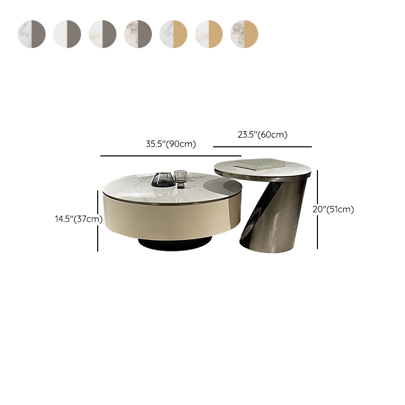 Slate Glam Coffee Table Round Nesting Coffee Table Set with Drawer