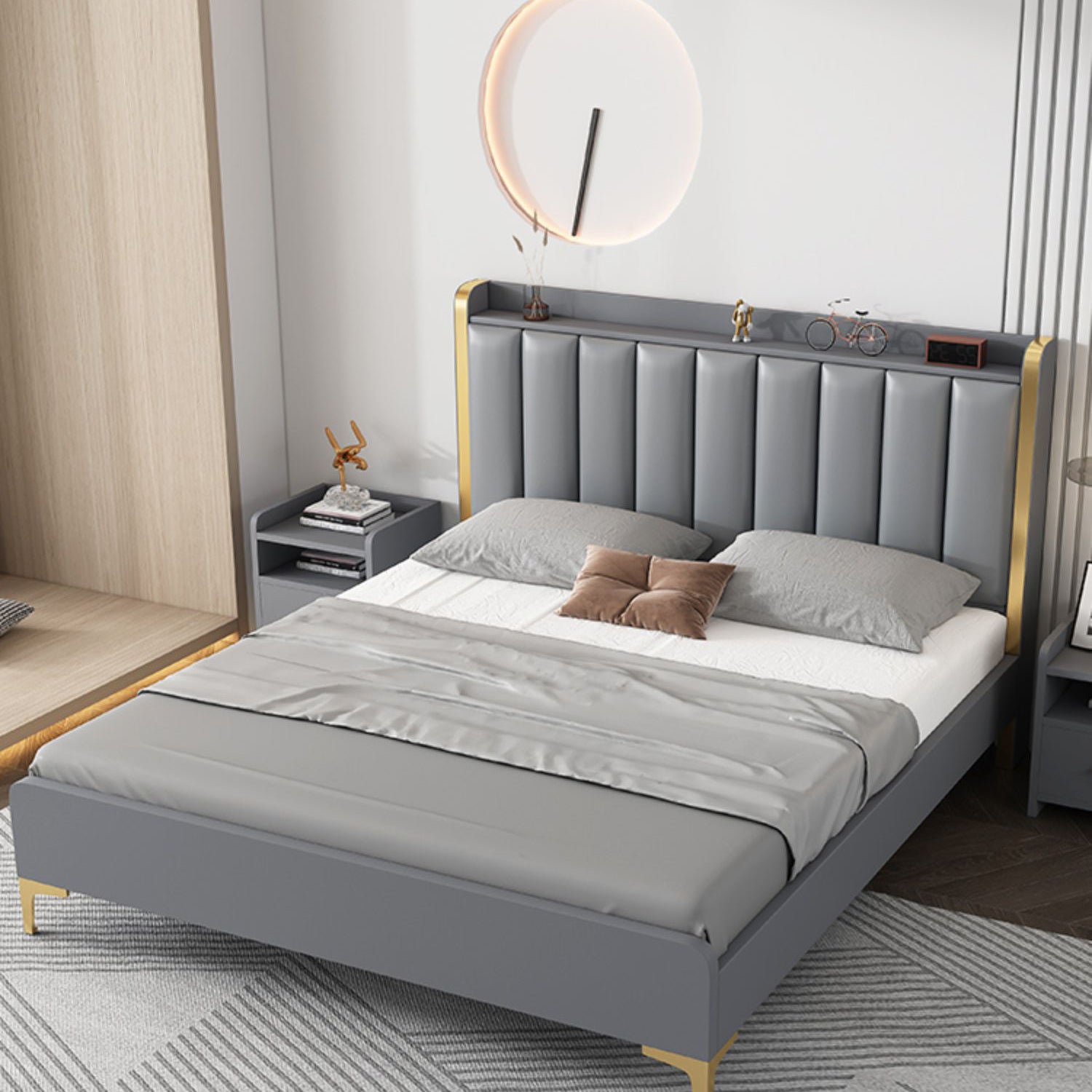 Modern Solid Wood Standard Bed Headboard Bed Frame with Golden Legs