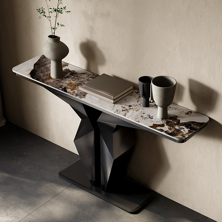 Stone Rectangle Console Table Glam 13.78" Wide Accent Table with Abstract Base