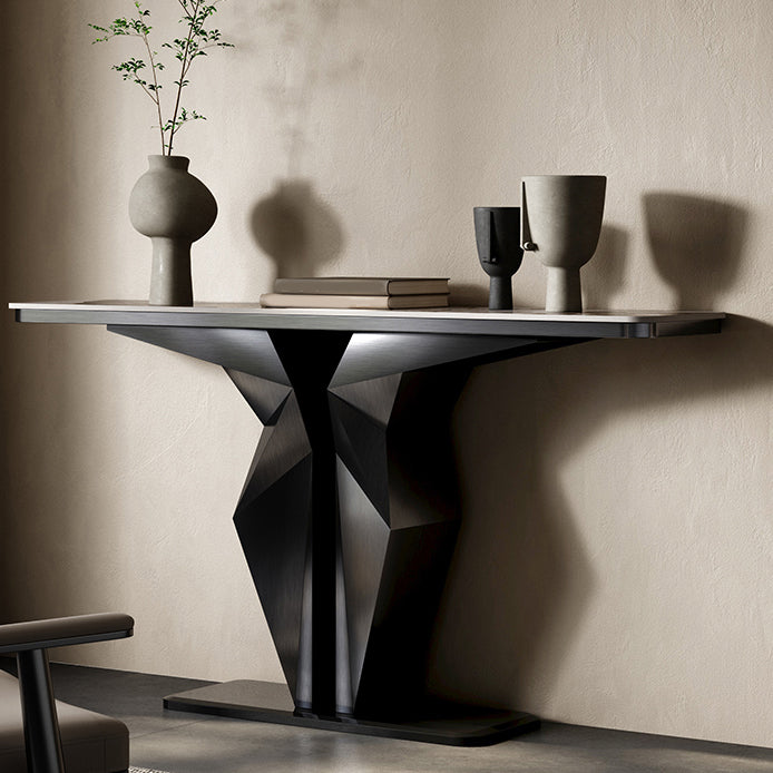 Stone Rectangle Console Table Glam 13.78" Wide Accent Table with Abstract Base