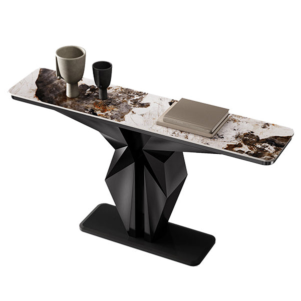 Stone Rectangle Console Table Glam 13.78" Wide Accent Table with Abstract Base