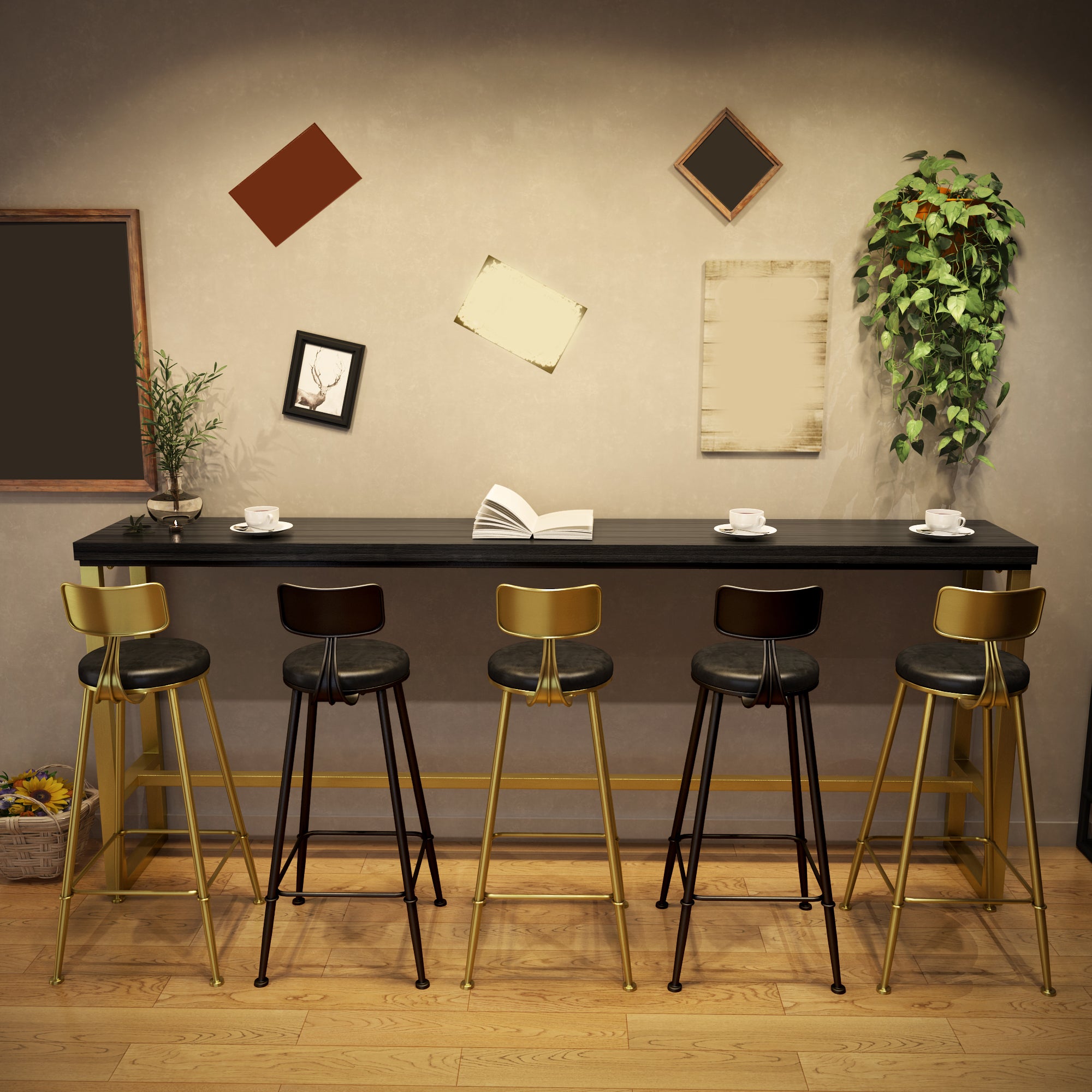 Industrial Bistro Bar Table Rectangle Solid Wood Bar Table with Gold Frame