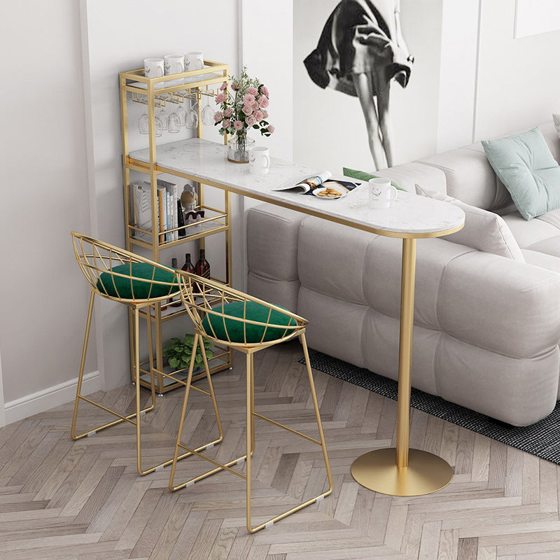 Faux Marble Bistro Bar Table Rectangle Metal Base Bar Table with Storage