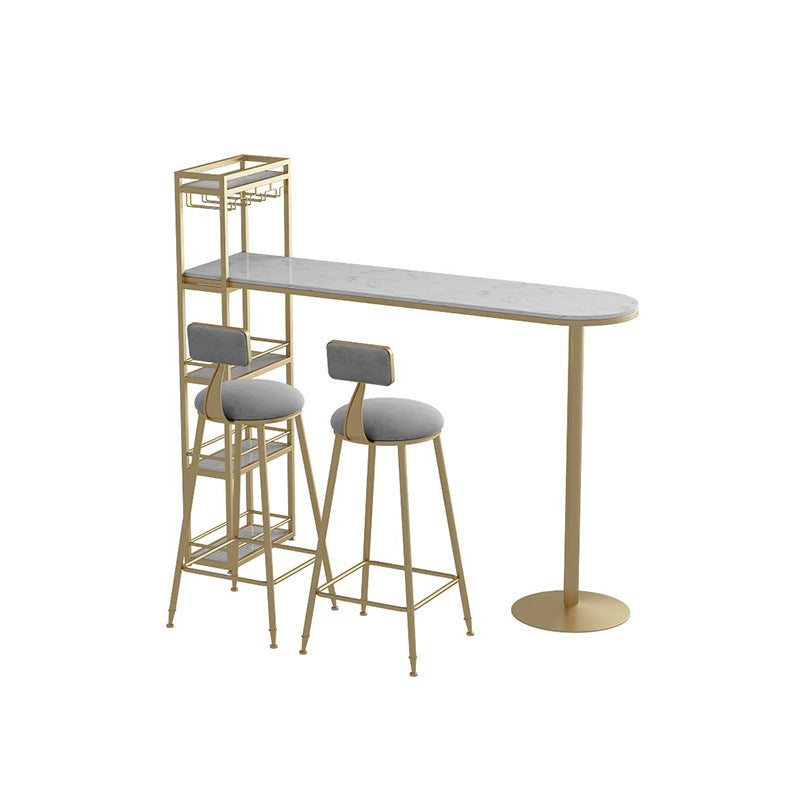 Faux Marble Bistro Bar Table Rectangle Metal Base Bar Table with Storage