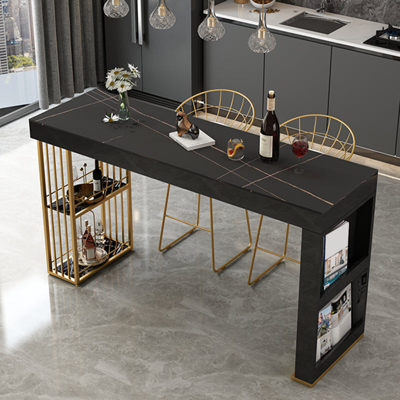 Glam Sintered Stone Bistro Bar Table Rectangle Metal Base Bar Table with Shelves