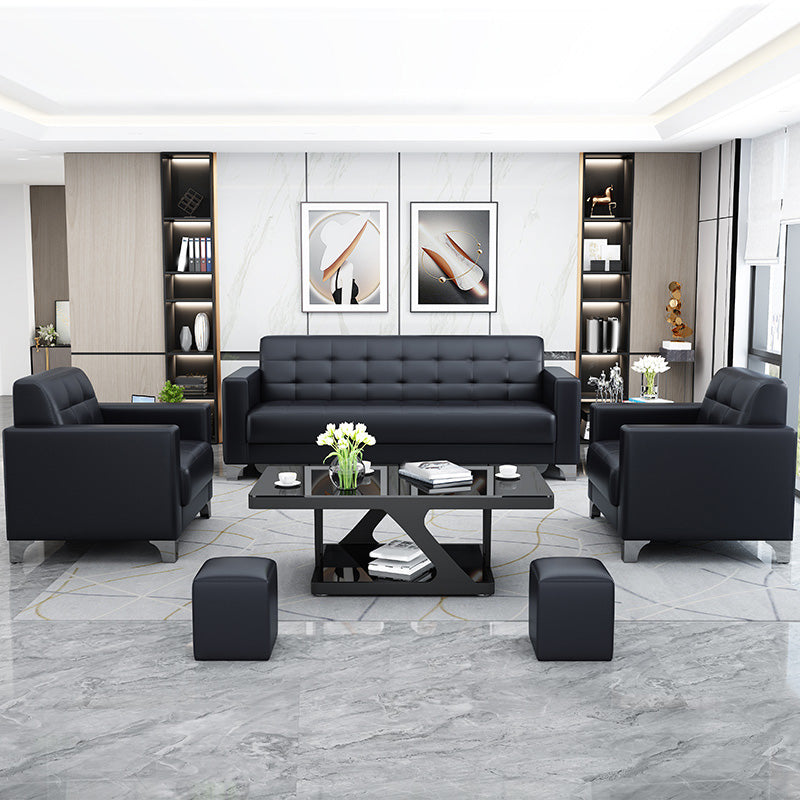 Living Room Leather Sofa in Black Tufted Split-Back Sleeper Seating