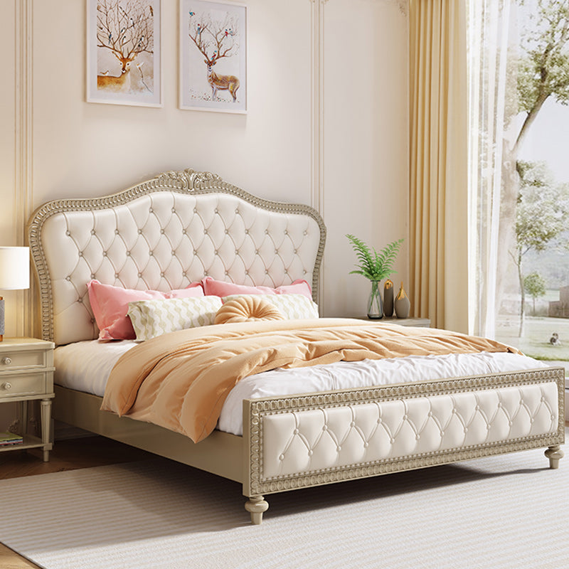 Queen Size Victorian Wood Bed Frame Tufted Upholstered Standard Bed in Beige