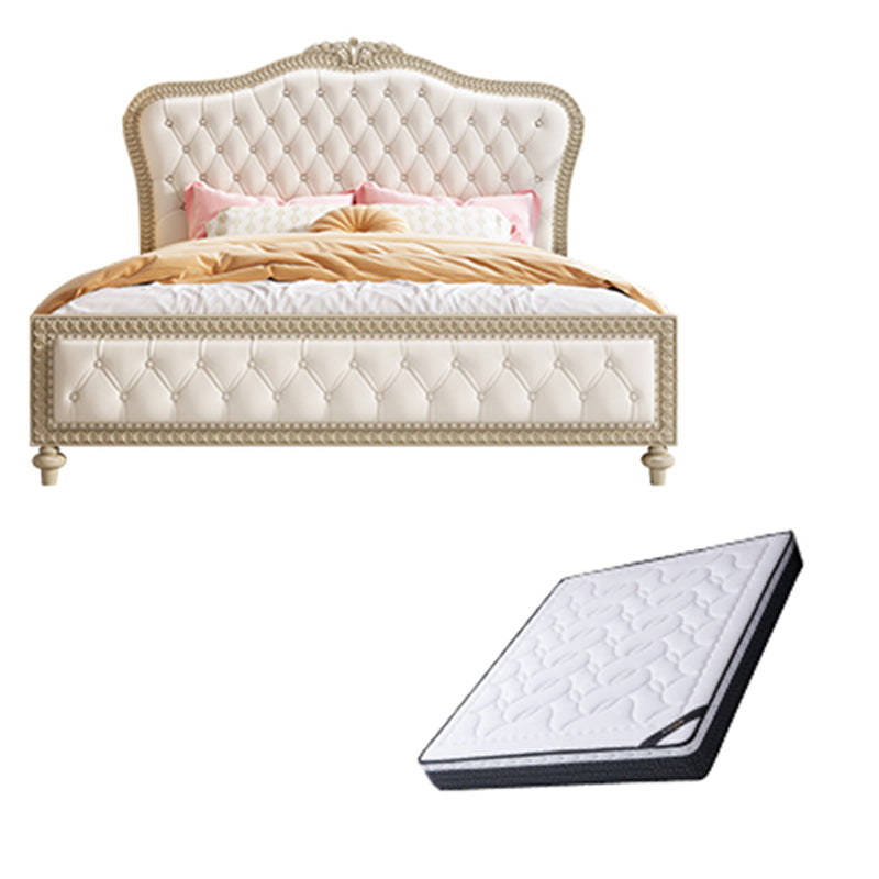 Queen Size Victorian Wood Bed Frame Tufted Upholstered Standard Bed in Beige