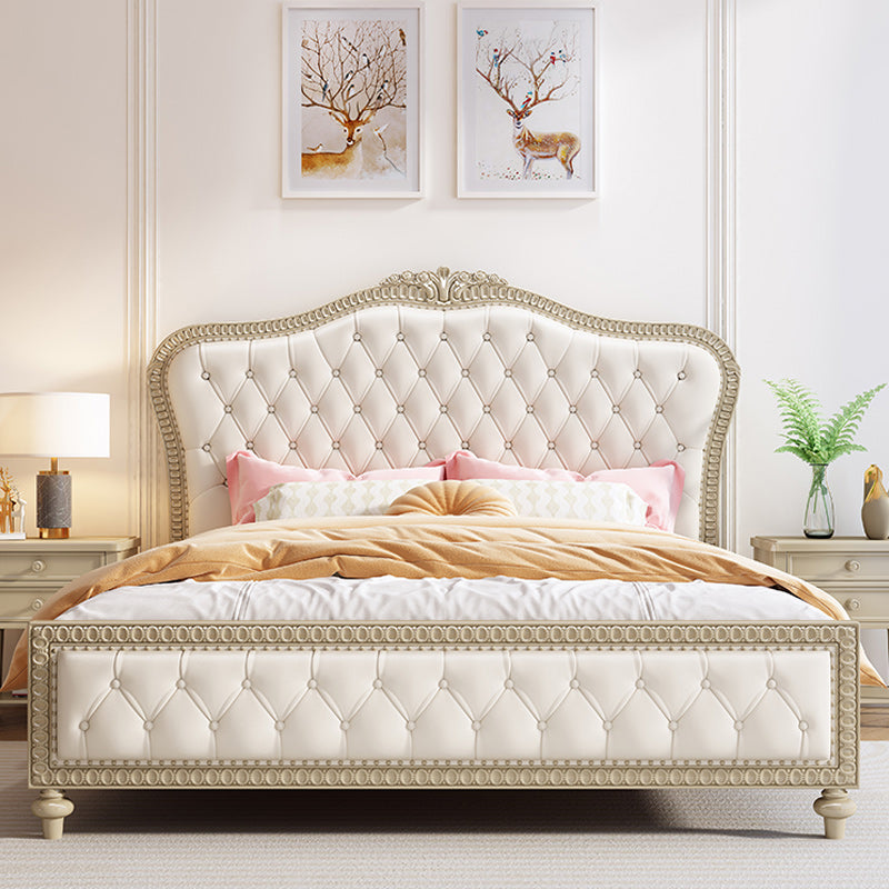 Queen Size Victorian Wood Bed Frame Tufted Upholstered Standard Bed in Beige