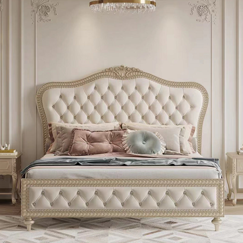 Queen Size Victorian Wood Bed Frame Tufted Upholstered Standard Bed in Beige