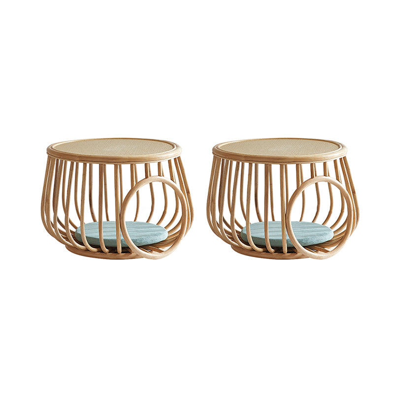 Asian Drum End Table Round Rattan Accent Side Table with Storage