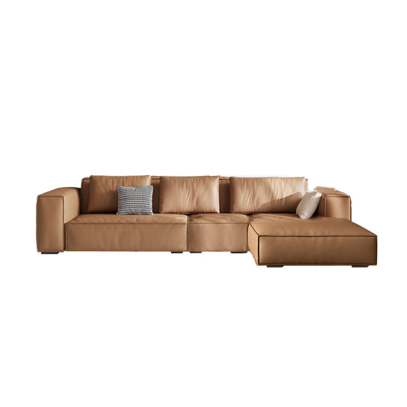 Brown Genuine Leather Square Arm Sofa Modern Style for Bonus Room