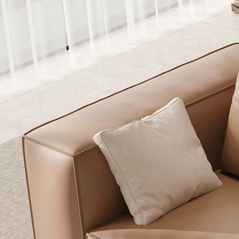 Brown Genuine Leather Square Arm Sofa Modern Style for Bonus Room