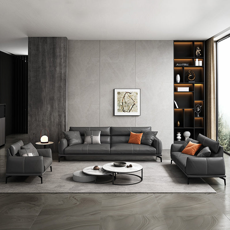 Upscale Grey Sofa with Four Legs Leather Sofa Living Room Seating
