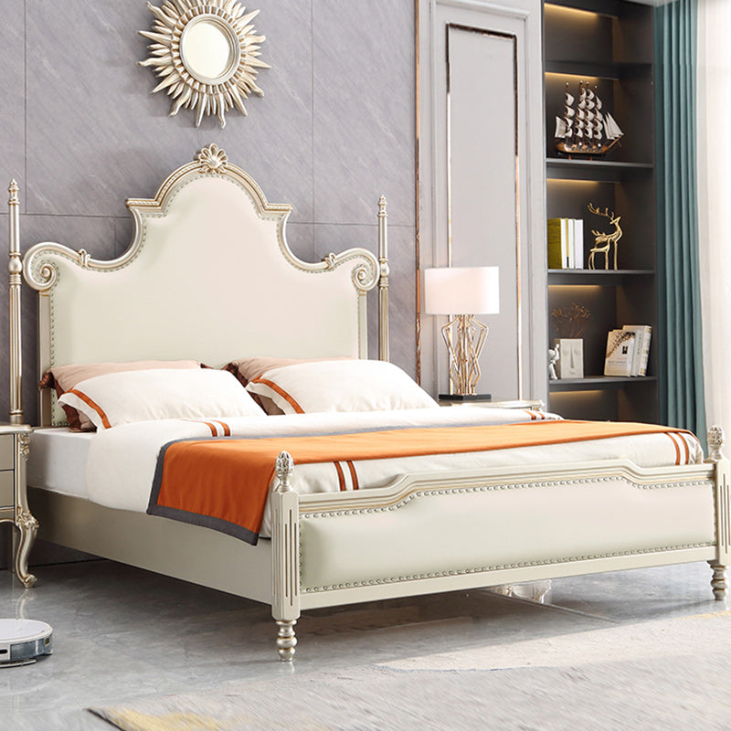 Solid Wood Upholstered Bed Frame Victorian Beige Standard Bed with Nailhead Trim